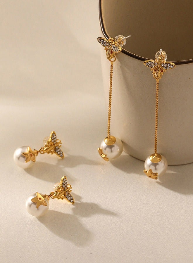 1 Pair Women's 18K Gold Needle Fashion Pearl Star Drop Earrings for Women Pearl Dangle Earrings  - Image 2
