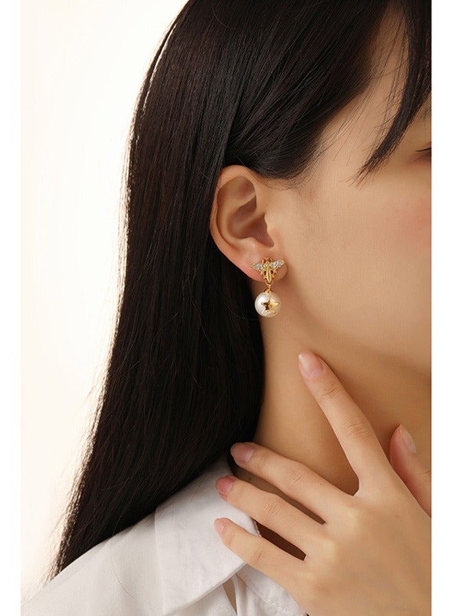 1 Pair Women's 18K Gold Needle Fashion Pearl Star Drop Earrings for Women Pearl Dangle Earrings  - Image 1