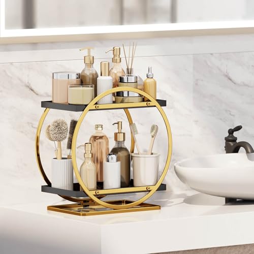 YIWANFW Makeup Organizer for Vanity, Black Gold Perfume Organizer for Dresser, 2-Tier Bathroom Countertop Organizers, Bathroom Counter Shelf Skincare Holder Perfume Tray Cosmetic Display - Image 2