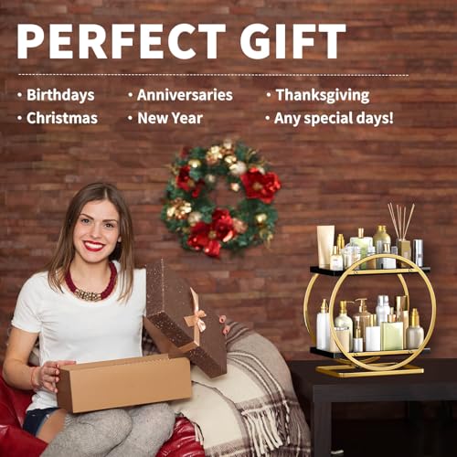 YIWANFW Makeup Organizer for Vanity, Black Gold Perfume Organizer for Dresser, 2-Tier Bathroom Countertop Organizers, Bathroom Counter Shelf Skincare Holder Perfume Tray Cosmetic Display - Image 5