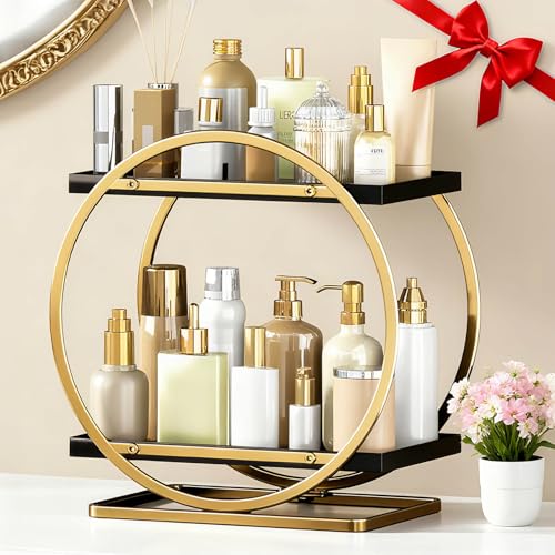 YIWANFW Makeup Organizer for Vanity, Black Gold Perfume Organizer for Dresser, 2-Tier Bathroom Countertop Organizers, Bathroom Counter Shelf Skincare Holder Perfume Tray Cosmetic Display - Image 1