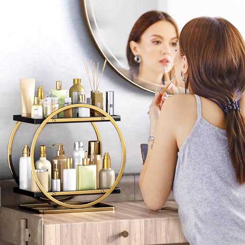 YIWANFW Makeup Organizer for Vanity, Black Gold Perfume Organizer for Dresser, 2-Tier Bathroom Countertop Organizers, Bathroom Counter Shelf Skincare Holder Perfume Tray Cosmetic Display - Image 3