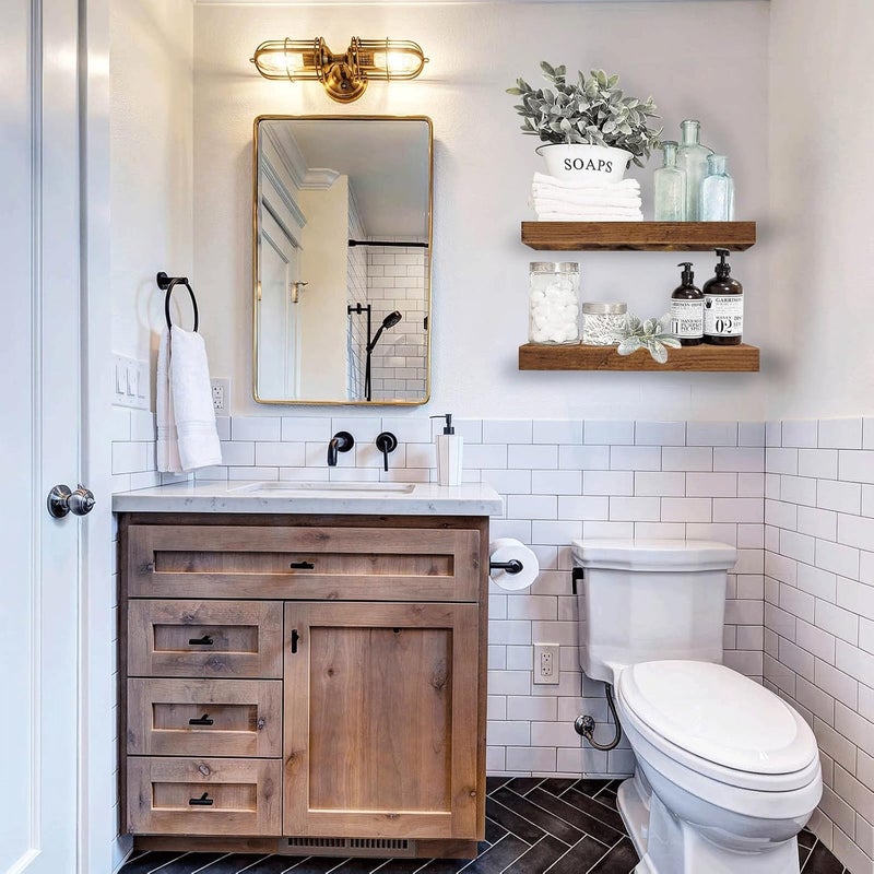 QEEIG Bathroom Shelves Floating Shelves for Wall Shelf Over Toilet Small Wall Mounted Farmhouse Decor 16 inch Set of 2, Rustic Brown (008-40BN) - Image 2