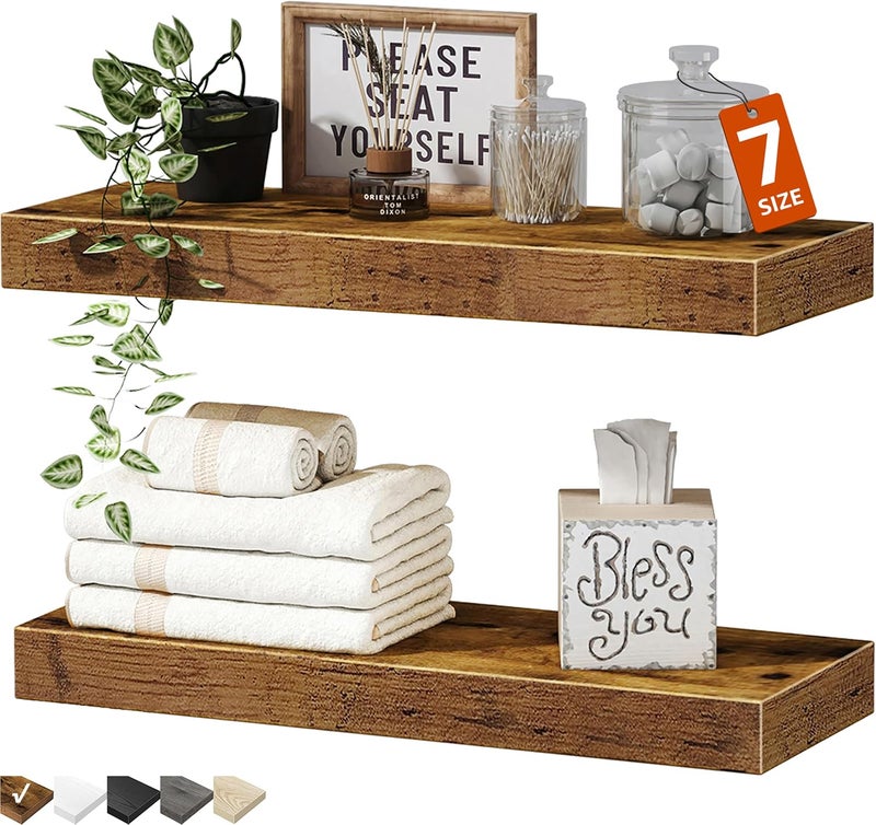 QEEIG Bathroom Shelves Floating Shelves for Wall Shelf Over Toilet Small Wall Mounted Farmhouse Decor 16 inch Set of 2, Rustic Brown (008-40BN) - Image 1