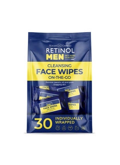 RETINOL Retinol Mens Individually Wrapped wipes, travel essentials for Work, Gym & On the Go - Large Wet Wipes for face + body, Fresh and clean, with micellar water & Vitamin A-C-E - 30 single facial wipes  - Image 1