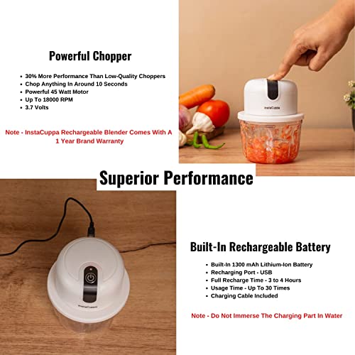 InstaCuppa Rechargeable Mini Electric Chopper, 350 ml, USB-C Stainless Steel Blades, 1800 mAh Battery and One Touch Operation, For Mincing Meat, Garlic, Ginger, Onion, Vegetable, Nuts - Image 2
