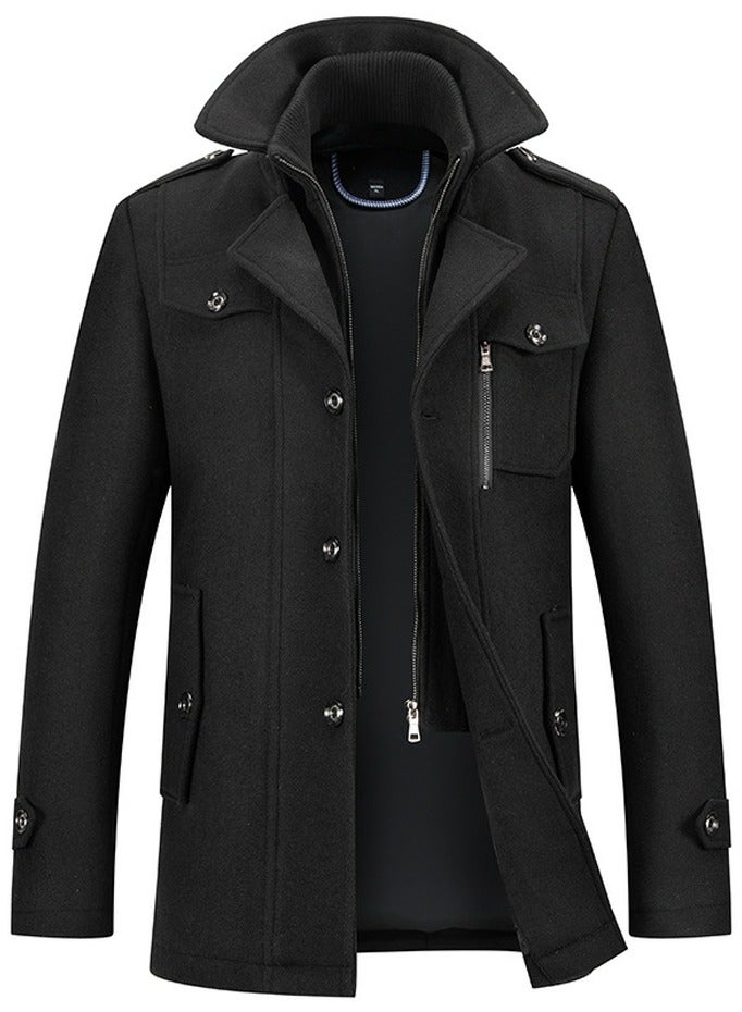 Loquat Men's Double Collar Wool Blend Coat Winter Trench Coat With Detachable Soft Scarf Jacket Black - Image 1