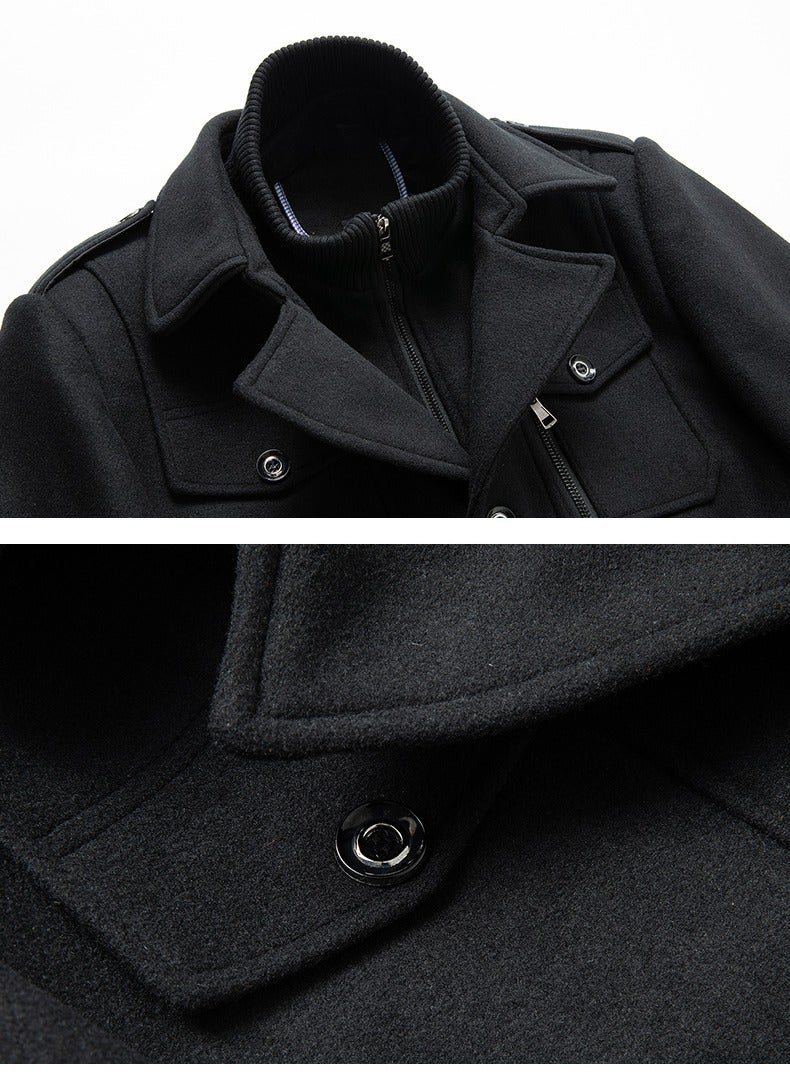 Loquat Men's Double Collar Wool Blend Coat Winter Trench Coat With Detachable Soft Scarf Jacket Black - Image 3
