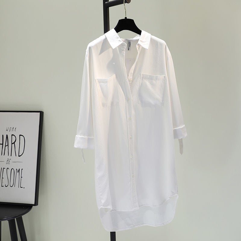 Mid-Length Cotton Denim Shirt Dress Women Spring Autumn New White - Image 1
