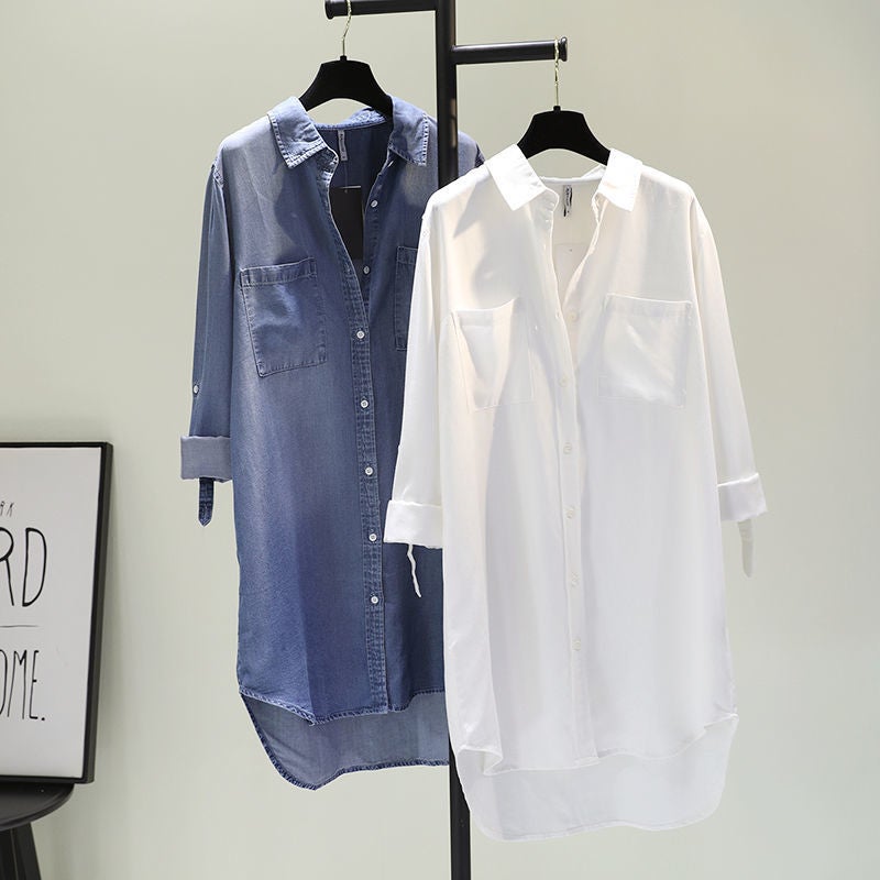 Mid-Length Cotton Denim Shirt Dress Women Spring Autumn New White - Image 2