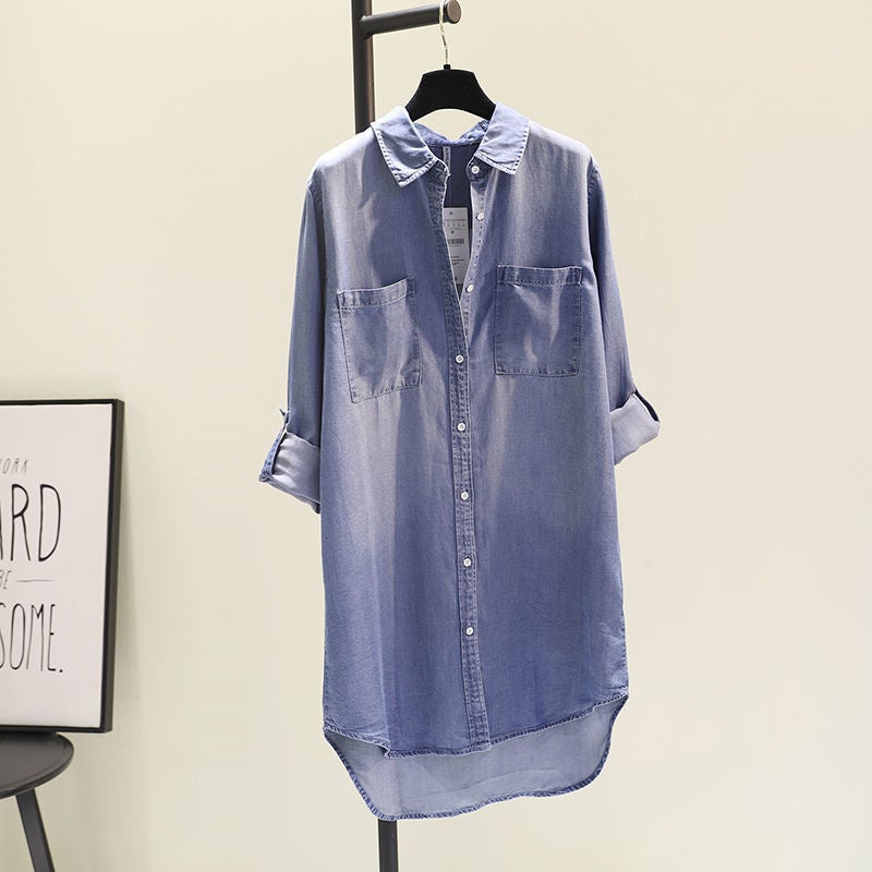 Mid-Length Cotton Denim Shirt Dress Women Spring Autumn New White - Image 3