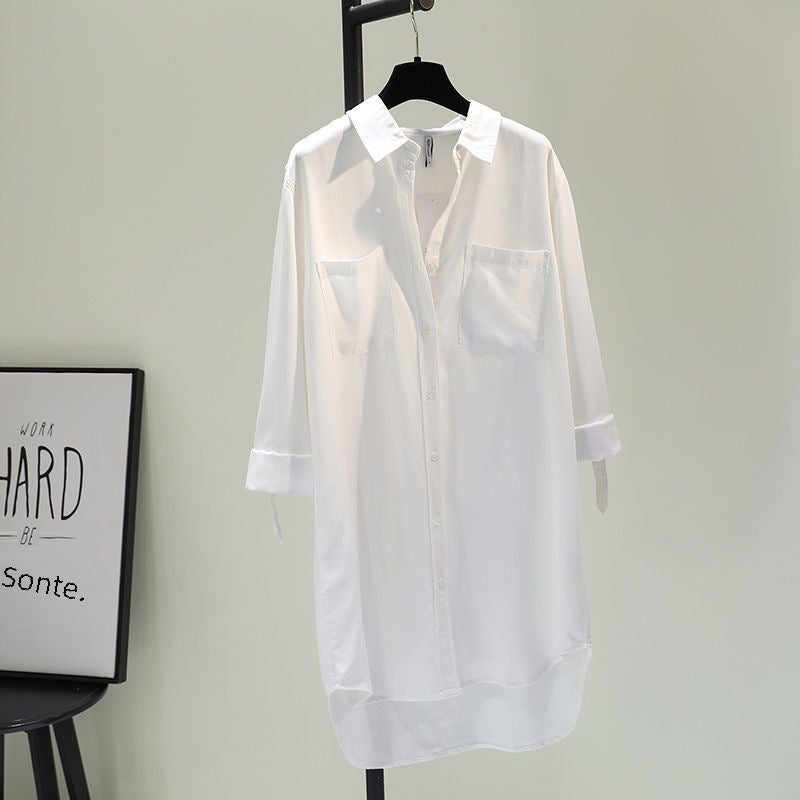 Mid-Length Cotton Denim Shirt Dress Women Spring Autumn New White - Image 4