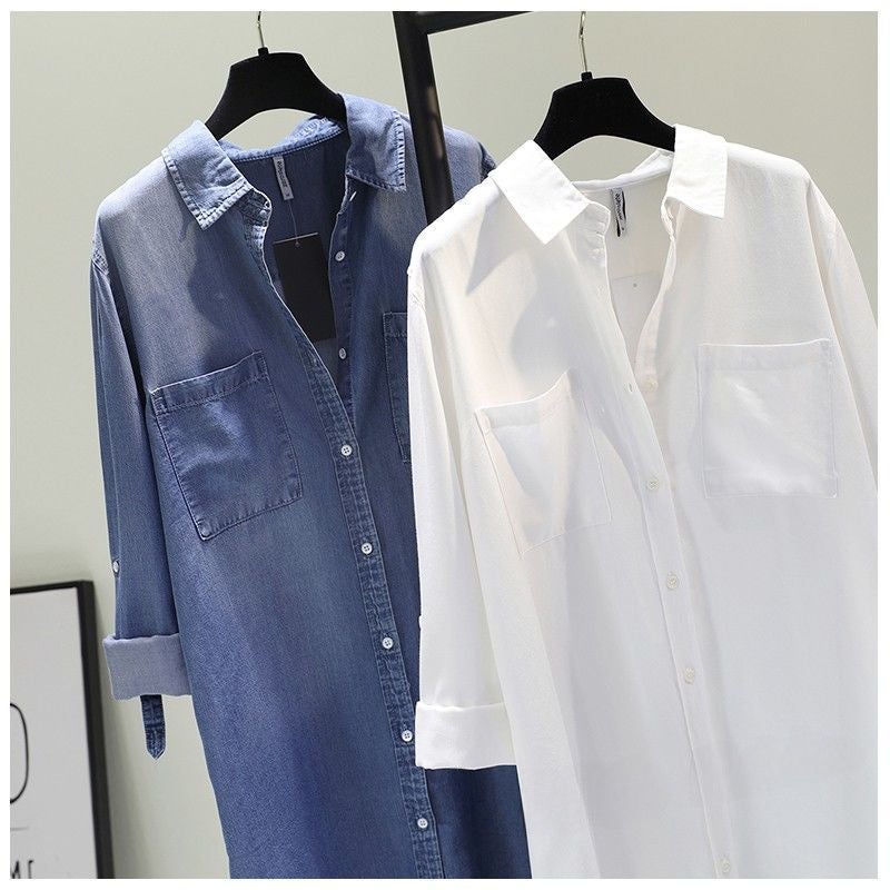 Mid-Length Cotton Denim Shirt Dress Women Spring Autumn New White - Image 5