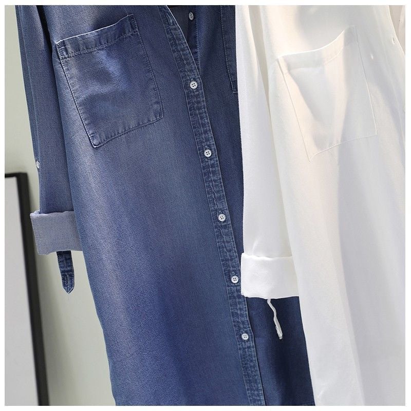 Mid-Length Cotton Denim Shirt Dress Women Spring Autumn New White