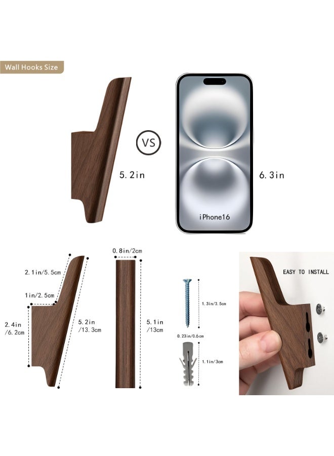 Walnut Wood Wall Hooks, 4 Pack Dark Brown, for Coats, Hats, Bags & Towels - Image 3