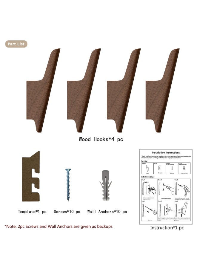 Walnut Wood Wall Hooks, 4 Pack Dark Brown, for Coats, Hats, Bags & Towels - Image 4