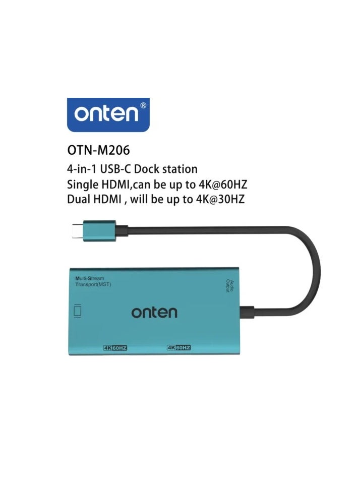 onten Onten OTN-M206 4-in-1 (MST) USB-C to Dual HDTV+VGA Adapter with Audio Output  - Image 1