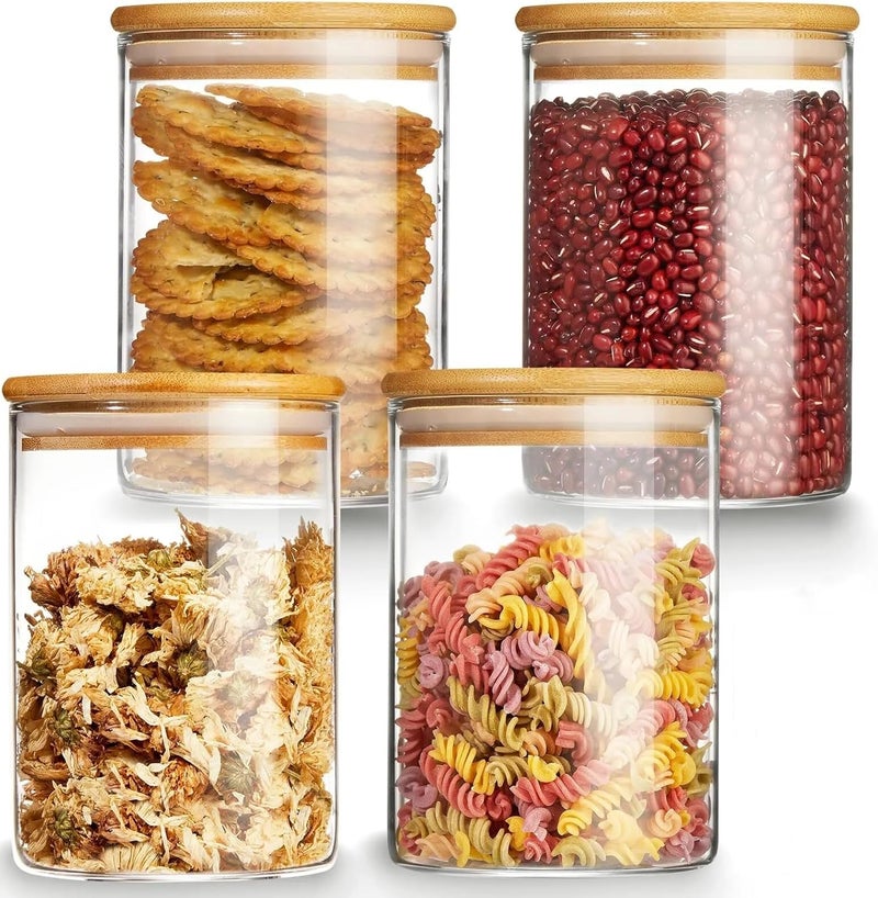 MEETOZ 750ml Set of 4 Glass Jars with Bamboo Lids,High Borosilicate Glass Transparent Airtight Food Storage Tank,Large Capacity Kitchen Food Containers for Spices,Coffee Beans,Oatmeal - Image 1