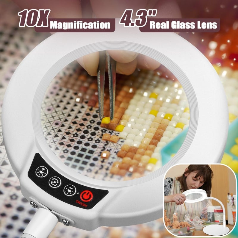 Krstlv 10X Magnifying Glass with Light and Stand, 5 Color Modes Stepless Dimmable LED Lighted Desk Lamp, Hands Free Flexible Gooseneck Magnifier with Light for Craft Hobby Painting Close Work - White - Image 2
