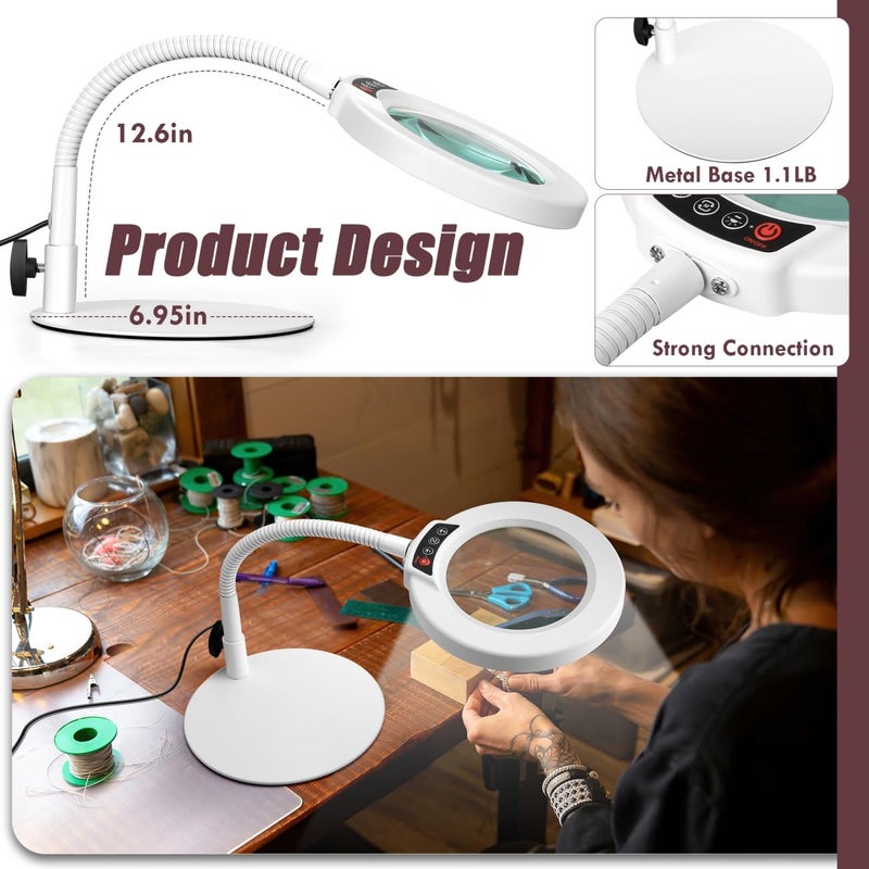 Krstlv 10X Magnifying Glass with Light and Stand, 5 Color Modes Stepless Dimmable LED Lighted Desk Lamp, Hands Free Flexible Gooseneck Magnifier with Light for Craft Hobby Painting Close Work - White - Image 4