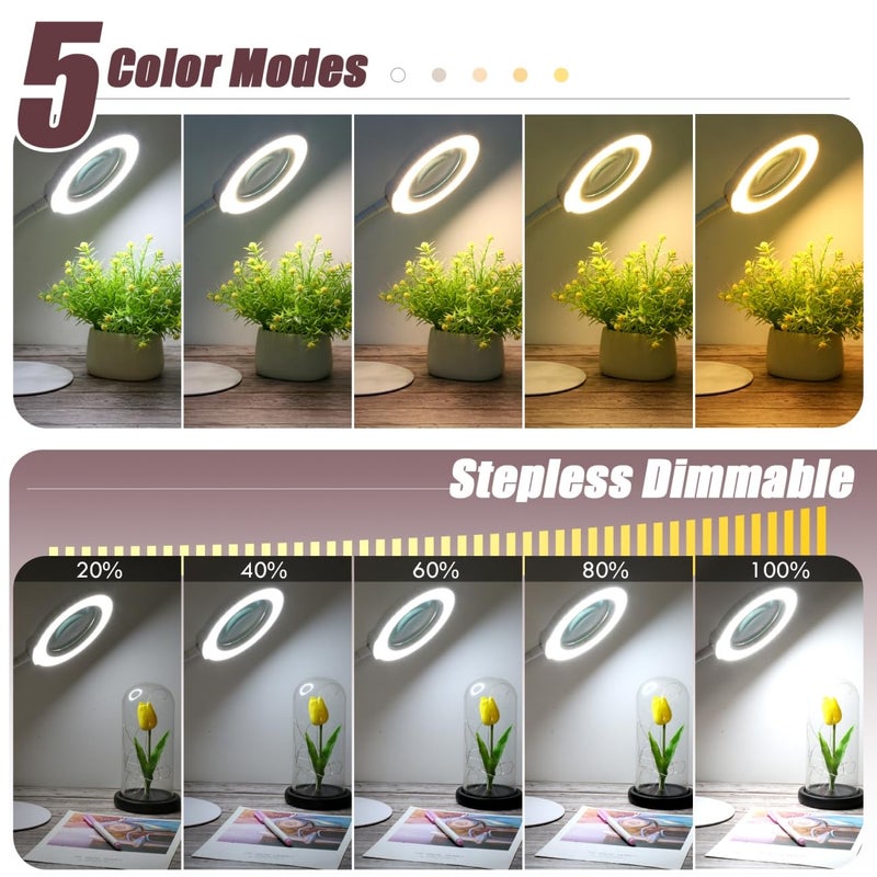 Krstlv 10X Magnifying Glass with Light and Stand, 5 Color Modes Stepless Dimmable LED Lighted Desk Lamp, Hands Free Flexible Gooseneck Magnifier with Light for Craft Hobby Painting Close Work - White - Image 3