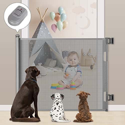 Retractable Baby Gate Extra Wide Safety Kids or Pets Gate 33 Tall Extends to 55 Wide Mesh Safety Dog Gate for Stairs Indoor Outdoor Doorways Hallways Easy to WipeGrey