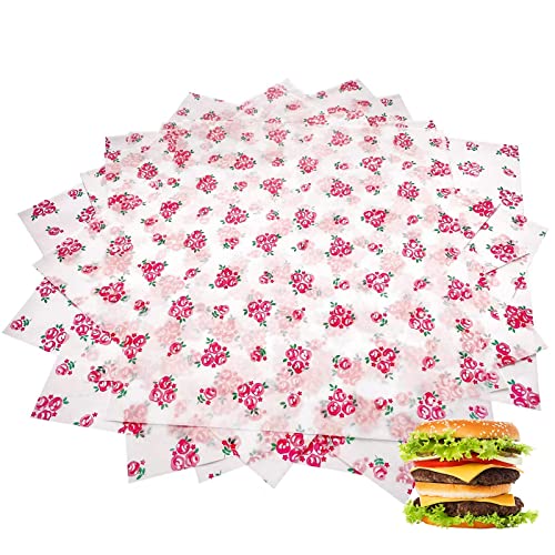 Suiwen 150pcs Spring Floral Wax Paper Sheets Sandwich Wrapping Paper, Greaseproof Wrap Paper Parchment Air Fryer Disposable Liner Food Basket Liners for Outdoor Picnic (Rose) - Image 1