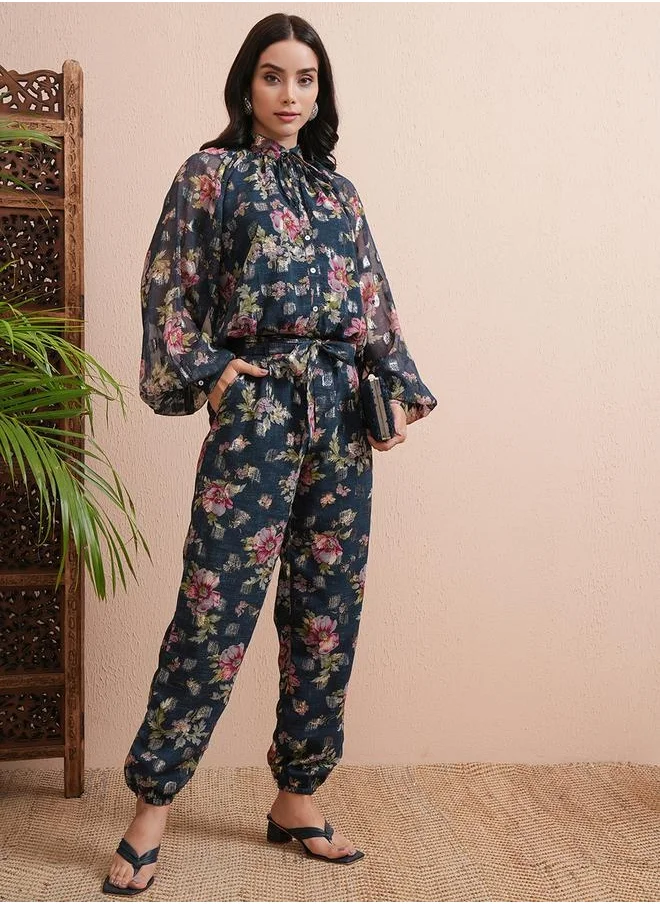 فيشود All-Over Floral Print Balloon Sleeve Top with Joggers Co-Ords