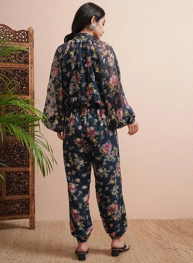 Vishudh Vishudh All-Over Floral Print Balloon Sleeve Top with Joggers Co-Ords
