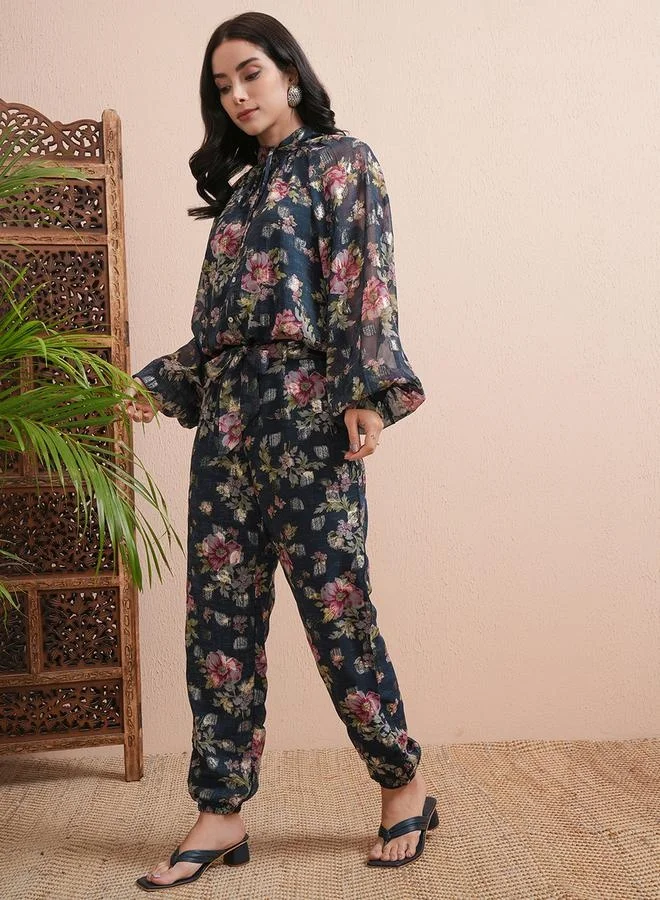 Vishudh Vishudh All-Over Floral Print Balloon Sleeve Top with Joggers Co-Ords