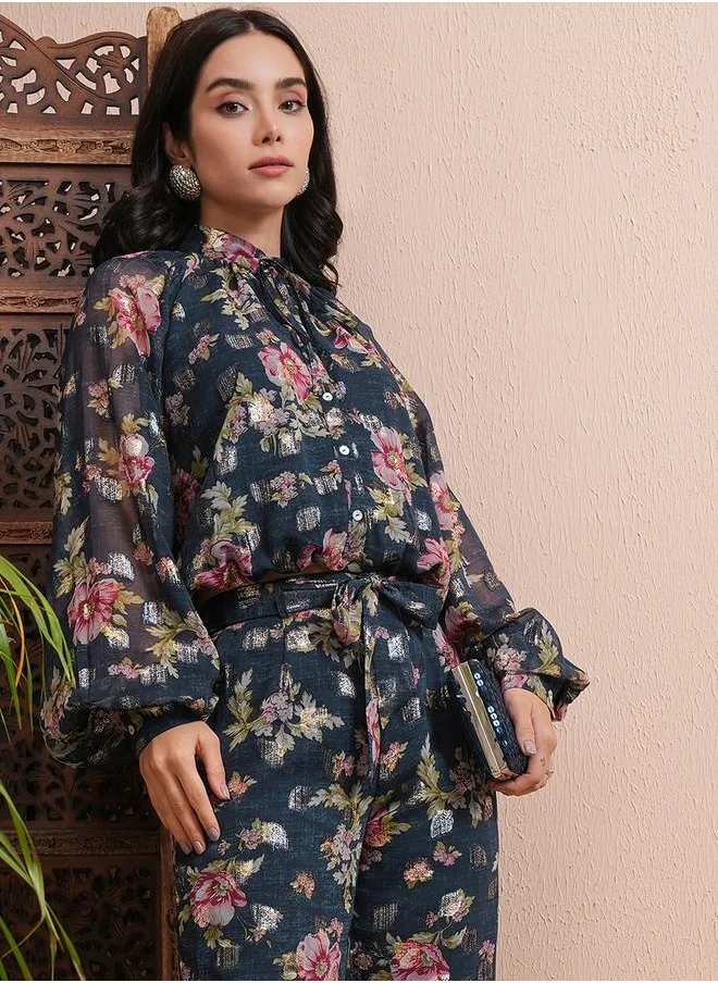 فيشود All-Over Floral Print Balloon Sleeve Top with Joggers Co-Ords