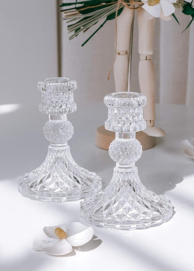 N.C Taper Candle Holders Set of 2, Clear Glass Candlestick Holder Fit 0.8 Ih Candles, 4 Ih Tall Crystal Decorative Candle Stand Centerpiece for Table Wedding Dinning Party - Image 2