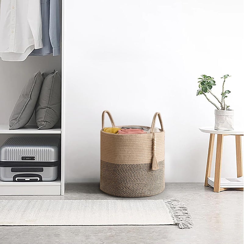 Mkono Woven Storage Basket Decorative Rope Basket Wooden Bead Decoration for Blankets,Toys,Clothes,Shoes,Plant Organizer Bin with Handles Living Room Home Decor, Yellow and Black, 16" W × 13.8" - Image 4