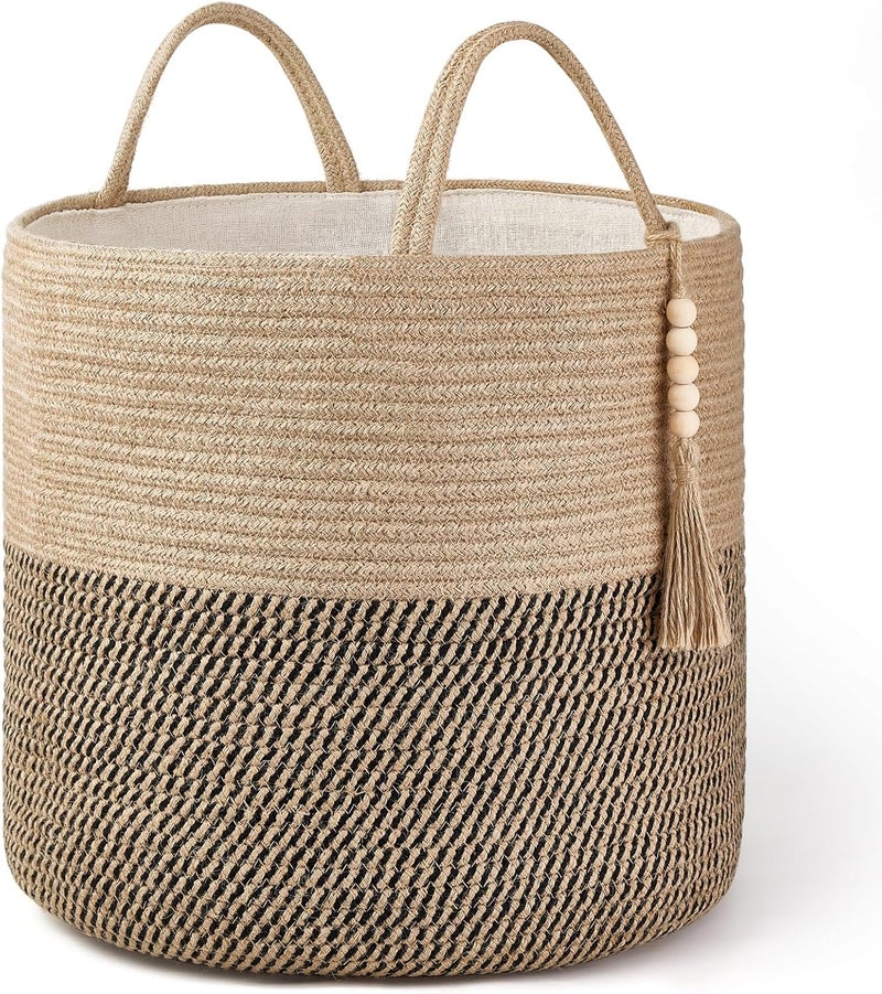 Mkono Woven Storage Basket Decorative Rope Basket Wooden Bead Decoration for Blankets,Toys,Clothes,Shoes,Plant Organizer Bin with Handles Living Room Home Decor, Yellow and Black, 16" W × 13.8" - Image 1