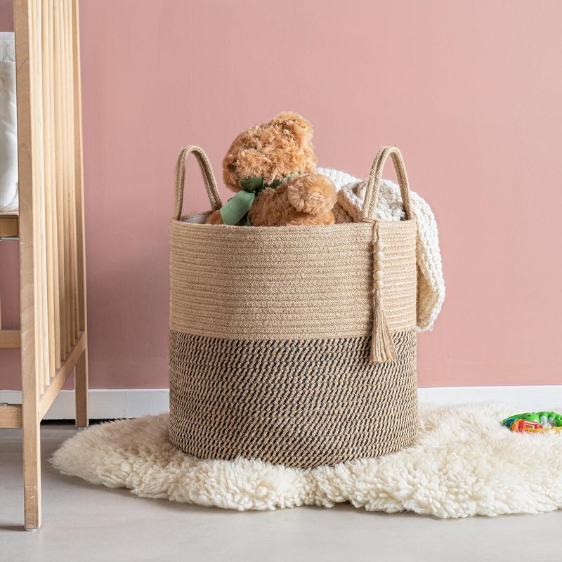 Mkono Woven Storage Basket Decorative Rope Basket Wooden Bead Decoration for Blankets,Toys,Clothes,Shoes,Plant Organizer Bin with Handles Living Room Home Decor, Yellow and Black, 16" W × 13.8" - Image 3
