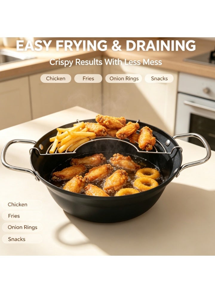 Non-Stick Deep Frying Pot with Oil Drip Rack, Dual Handles Deep Fry Pan, Multi-purpose Cooking Pot for Fried Snacks, Compatible with Gas & Induction Stoves - Image 3