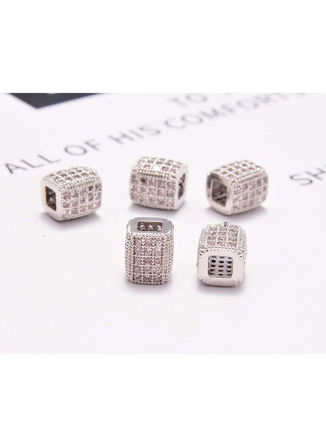 AD BEADS - Zircon Pave Rhinestones Rectangular Square Beads For Bracelet Connector Spacer Beads (5 Pcs Clear On Silver Tube Rectangular Beads (6X7Mm)) - Image 1