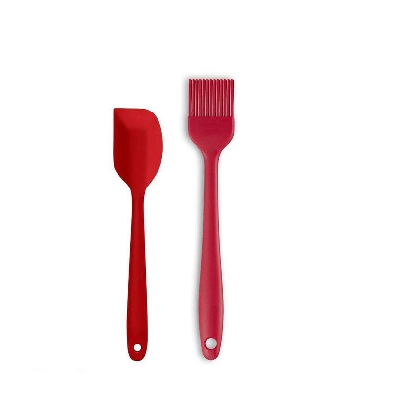 P-Plus International Silicone Non-Stick Heat Resistant Kitchen Utensil| Spatula Small 20.6cm+Silicone Basting Brush 21cm|Pack of 2 RED - Image 1