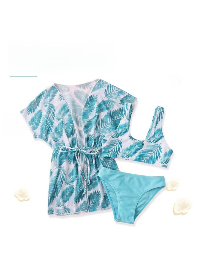 Loquat Three-Piece Children's Split Swimsuit Women's Tight Waist Sun Protection Cover Printed Girls' Swimsuit-Color:blue Leaves- - Image 4