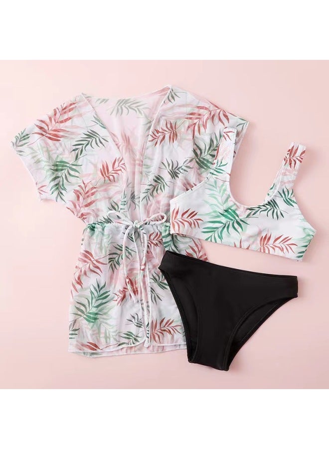 Loquat Three-Piece Children's Split Swimsuit Women's Tight Waist Sun Protection Cover Printed Girls' Swimsuit-Color:blue Leaves- - Image 3