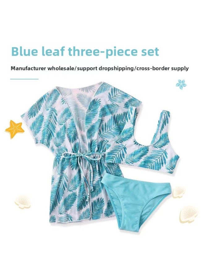 Loquat Three-Piece Children's Split Swimsuit Women's Tight Waist Sun Protection Cover Printed Girls' Swimsuit-Color:blue Leaves- - Image 1