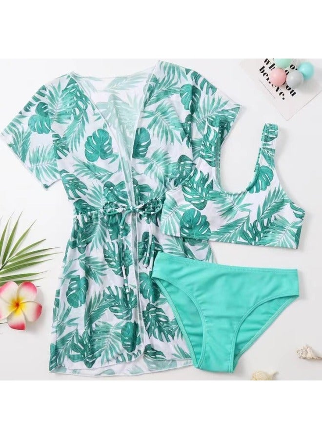 Loquat Three-Piece Children's Split Swimsuit Women's Tight Waist Sun Protection Cover Printed Girls' Swimsuit-Color:blue Leaves- - Image 5