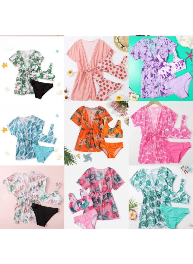 Loquat Three-Piece Children's Split Swimsuit Women's Tight Waist Sun Protection Cover Printed Girls' Swimsuit-Color:blue Leaves- - Image 2