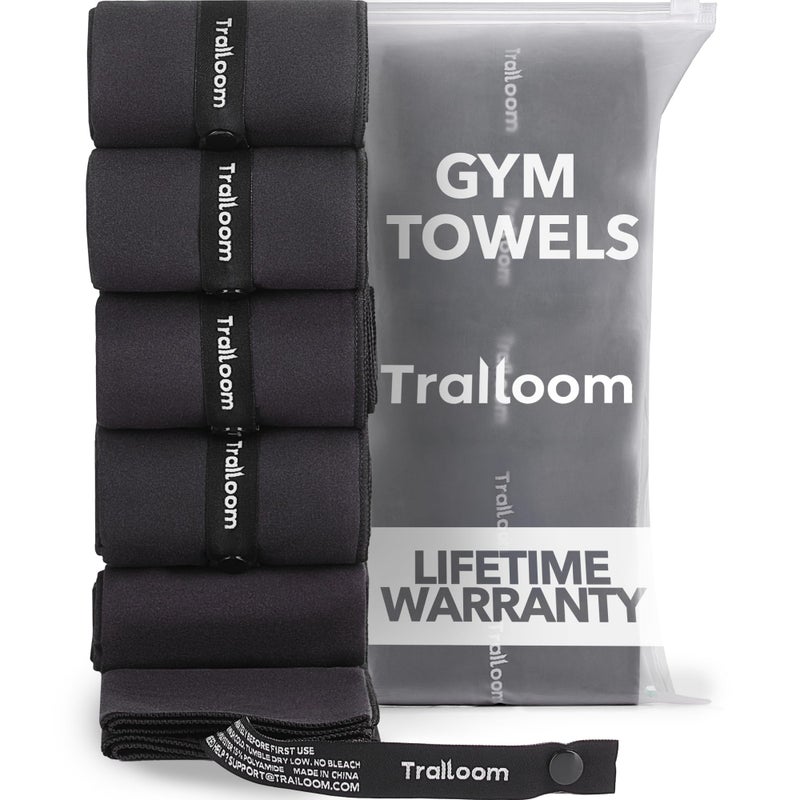 Trailoom Microfiber Workout Towels - Quick Dry, Highly Absorbing, Odor-Free, for Men & Women - Gym Sweat Sports Towel for Hot Yoga, Tennis, Running, Exercise, Working Out, Camping, Set of 5 Black - Image 1