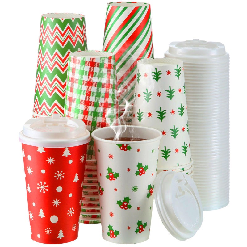 Sliner أكواب قهوة قابلة للتصرف 120 قطعة بمناسبة عيد الميلاد سعة 16 أونصة مع أغطية للمشروبات الساخنة والباردة لأحزاب الشاي والسفر والمقاهي والمنازل والمطاعم والنزهات