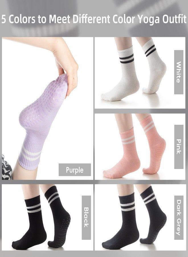 Raylarnia Tall Pilates Socks with Grips for Women, Yoga Crew Non-Slip, Grippy Ankle Barre Sock, Hospital Sticky Socks 5 Pairs - Image 5