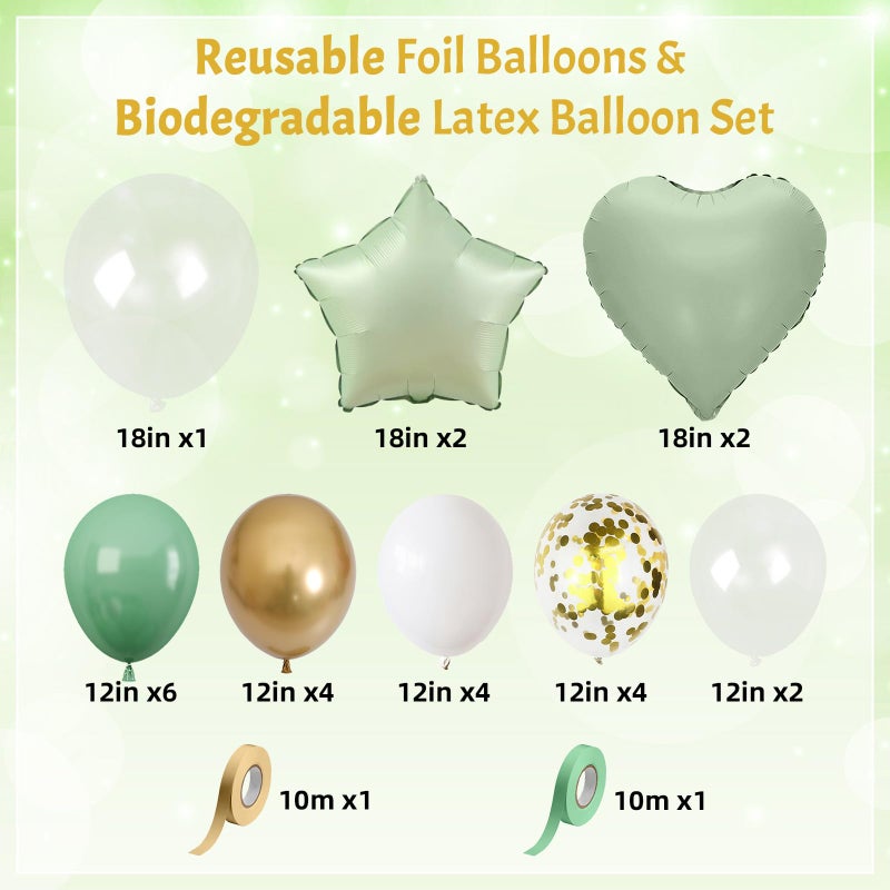 Froova Sage Green and Gold Balloons Heart Star Balloon as Retro Olive Sage Green Baby Shower Decorations, Metallic Gold Confetti Balloons 18 inch Clear Foil Balloon as Anniversary Engagement Party Decor - Image 3