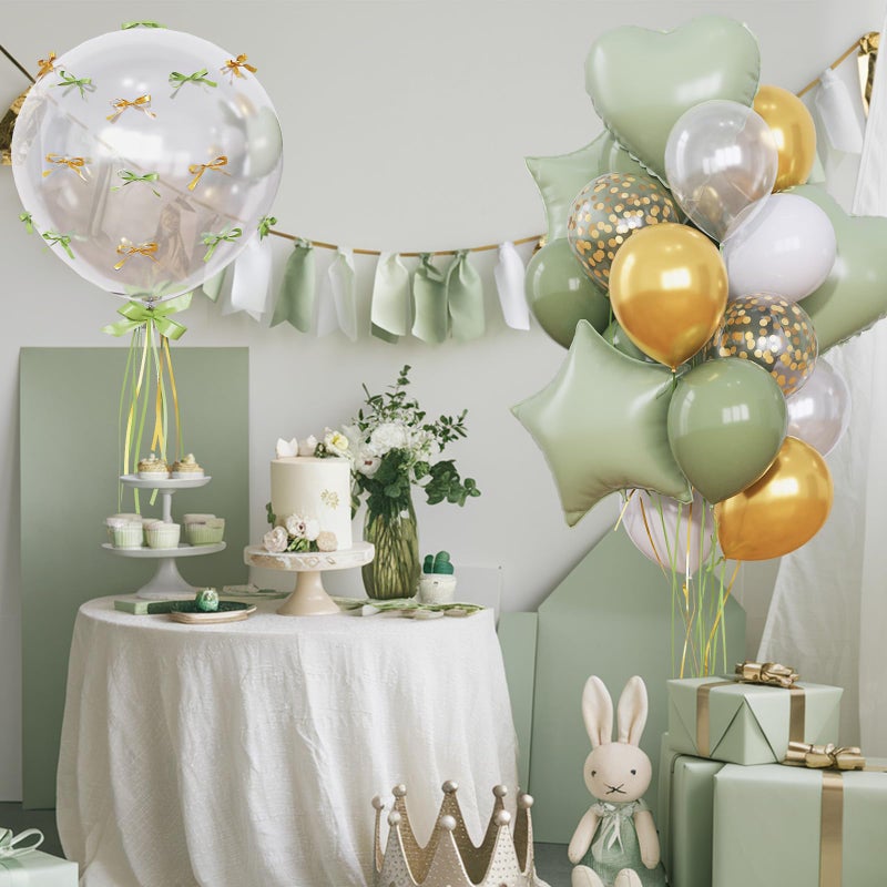 Froova Sage Green and Gold Balloons Heart Star Balloon as Retro Olive Sage Green Baby Shower Decorations, Metallic Gold Confetti Balloons 18 inch Clear Foil Balloon as Anniversary Engagement Party Decor - Image 2