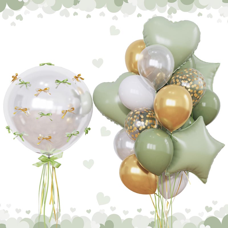Froova Sage Green and Gold Balloons Heart Star Balloon as Retro Olive Sage Green Baby Shower Decorations, Metallic Gold Confetti Balloons 18 inch Clear Foil Balloon as Anniversary Engagement Party Decor - Image 1