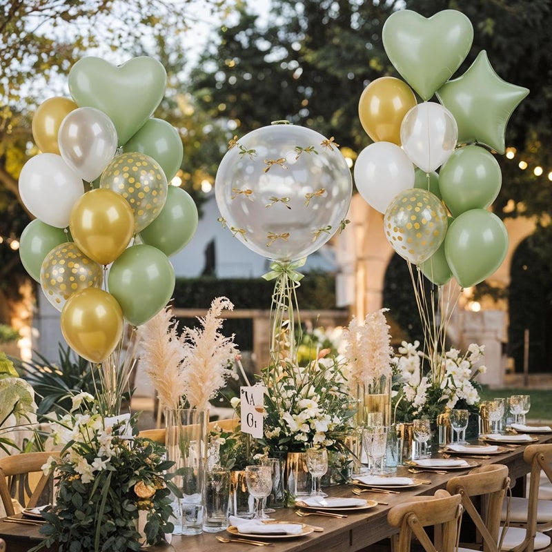 Froova Sage Green and Gold Balloons Heart Star Balloon as Retro Olive Sage Green Baby Shower Decorations, Metallic Gold Confetti Balloons 18 inch Clear Foil Balloon as Anniversary Engagement Party Decor - Image 4